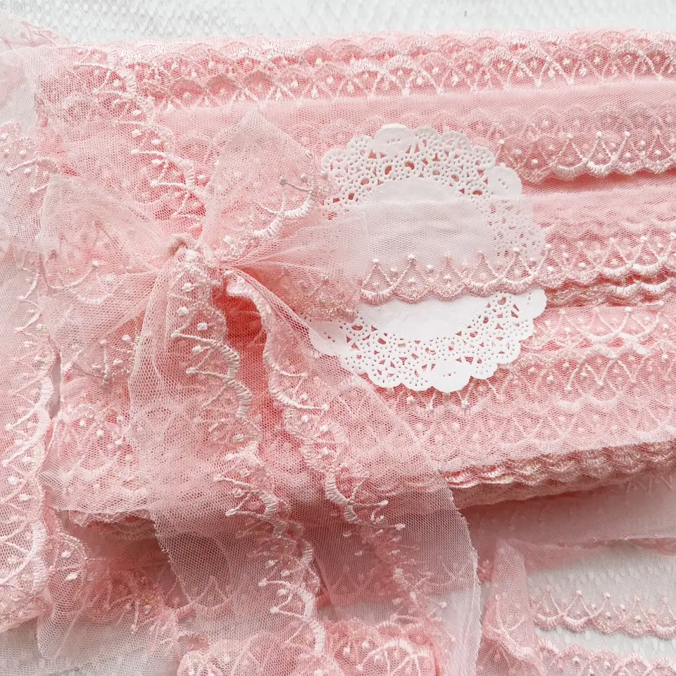 Mềm Lưới Màu Hồng Chủ Đề Polyester Vải Ren Trim Thêu May Thủ Công Búp Bê Chất Liệu Ren Cạnh