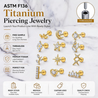 Aopo ASTM F136 Titane de qualité implantable, Stud labret sans filetage à tige plate, avec étoile CZ, pour piercing lèvre, hélix, conque, 16G