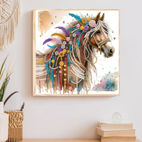 Kit de Peinture Diamant 5D à Perçage Partiel 30x30cm, Motif Floral Coloré, Plume et Cheval, Strass en Cristal, Art Diamant DIY, Décoration Murale pour la Maison