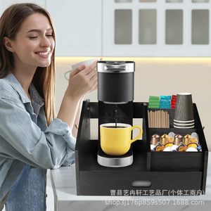 Estante de almacenamiento de accesorios para barra de café de madera, encimera estilo rústico, cajón para cápsulas de café, estante para jarabes y té, soporte para condimentos - Product Image 2