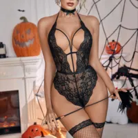 Conjunto de lencería sexy de encaje con orejas de gato, máscara para ojos, halter, teddy, espalda en V y abertura, disfraz de Halloween para mujer, transpirable, ODM, EE. UU.