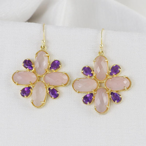 Nouvelles boucles d'oreilles en laiton plaqué or avec quartz rose et améthyste, bijoux statement multi-pierres - Product Image 2