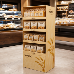 Expositor de suelo de cartón corrugado para galletas de panadería, con impresión de veta de madera para repostería, estante de promoción minorista para supermercados - Product Image 1