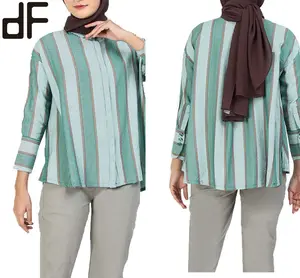 Day Look Fashion Factory Customized Islam Muslim Drop Shoulder Shirt Blue And Coffee Stripe Blouse For Muslim Women