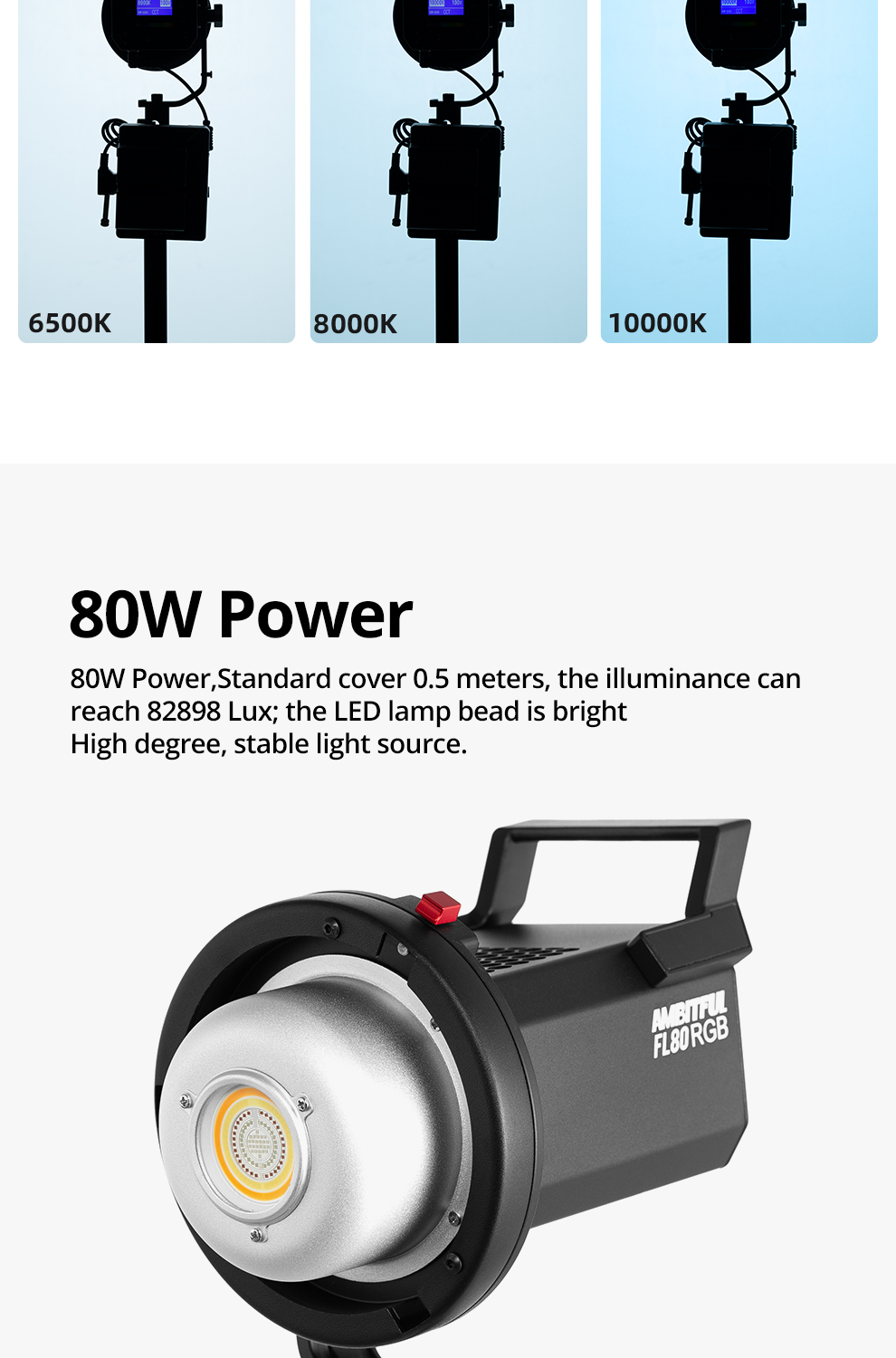 AMBITFUL FL80 RGB LED Video Light 80W 5600K Outdoor Photography Daylight Lighting Adjust Brightness Bowens Mount Support APP