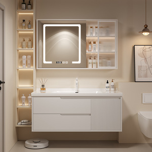 Modern Wall-Mounted Bathroom Vanity with LED Mirror Ceramic Basin 60 In MDF Cabinet Minimalist Design - Product Image 2