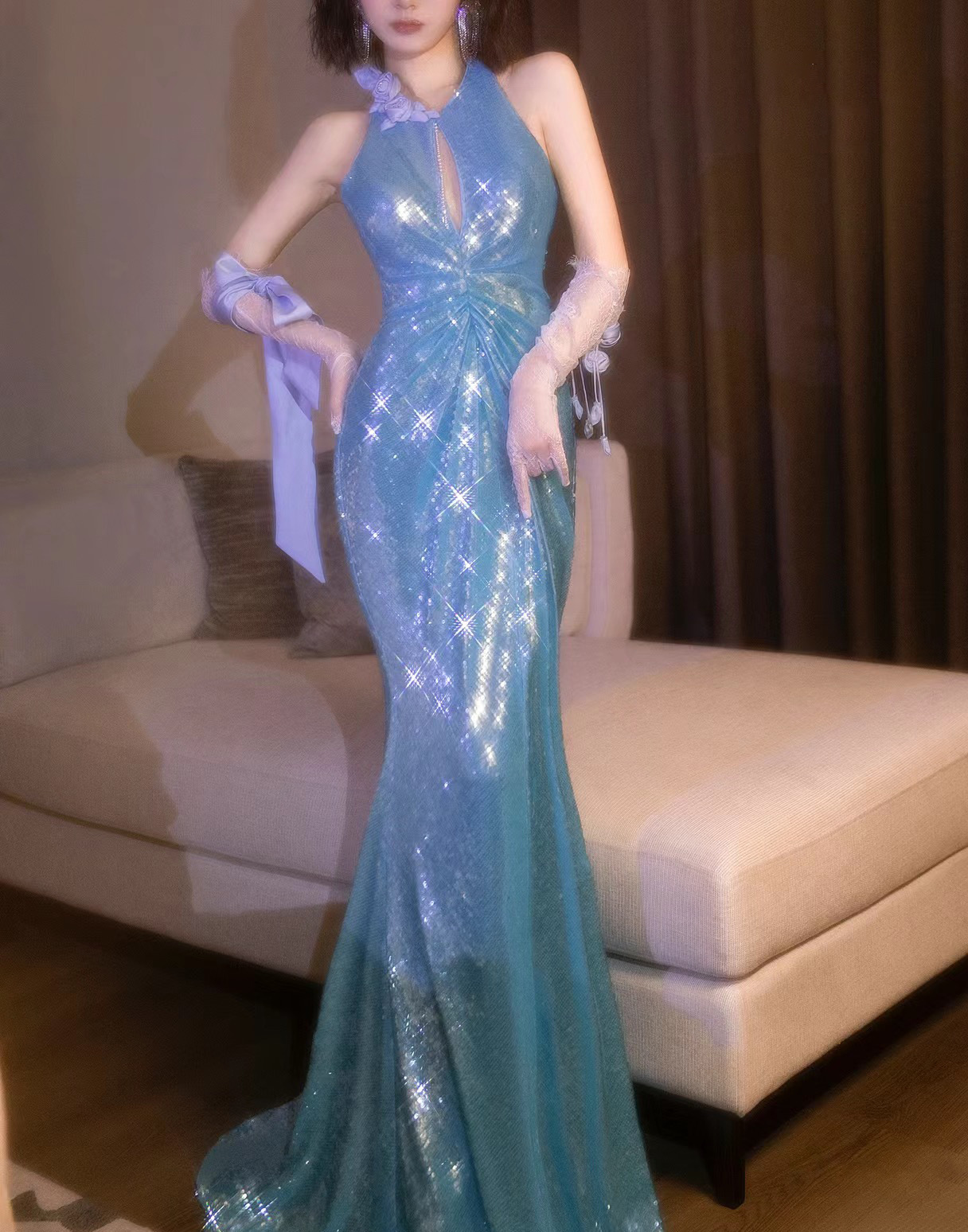 chinese dress ladies Sky Blue Starry Mermaid Midi Slip Dress