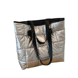 Winter Koreaanse Ruimte Katoenen Jas Gewatteerde Shopper Portemonnee Zachte Grote Capaciteit Zilver Glanzende Puffer Dons Designer Handtas