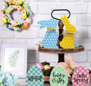 DM Easter Decoration Easter Bunny Wooden Craft Tabletop Rabbit Decor with Pink Blue Green Easter Eggs for Desk Decor - Product Image 3