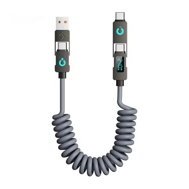 2025 New Products 240w 4-in-1 Digital Display Spring Retractable Fast Charging Cable Zinc Alloy 2 Meters USB Type C Cable