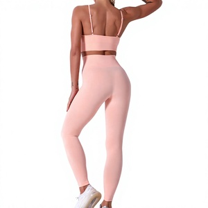 Pink Seamless High Waist <b>Yoga</b> <b>Leggings</b> and Sports Bra Set Ribbed 2 Piece Workout Activewear - Product Image 4