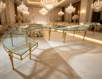 Table de banquet circulaire de luxe en or avec pendentif en cristal, table ronde pour événements de mariage, table de salle à manger d'hôtel