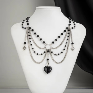 Gotico a strati di perle di cristallo con nappe catene con cuore d'amore ciondolo collana per donne signore girocollo collo di moda gioielli - Product Image 5