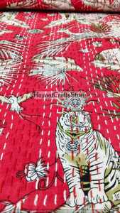 Handmade Tiger and Birds Printed Kantha Quilt Red Bohemian Floral Pattern All Season Home Decor - Product Image 6