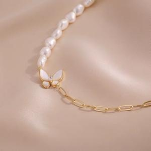 Collar de Perlas de Agua Dulce Barrocas Naturales con Diseño de Mariposa para Mujer, Estilo Lujoso y Moderno, Cadena de Clavícula con Cuentas Finas - Product Image 4