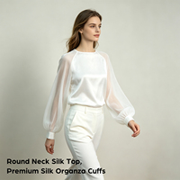 Chemise en Soie Élégante à Col Rond et Manches Lanternes en Organza Blanc Perle pour Femme avec LOGO Personnalisé – Vente en Gros Direct Usine