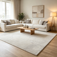 Tapis Wabi Sabi Jacquard aspect jute PP pour salon, beige, lignes ondulées texturées, antibactérien, hauteur de pile 9 mm, fin, pour la maison