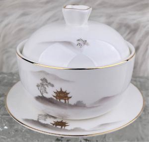 Service de vaisselle de luxe chinois, vaisselle en porcelaine avec décor paysage d'encre et pagode dorée, bordure dorée à la main, pour hôtel, banquet, mariage, maison. - Product Image 3