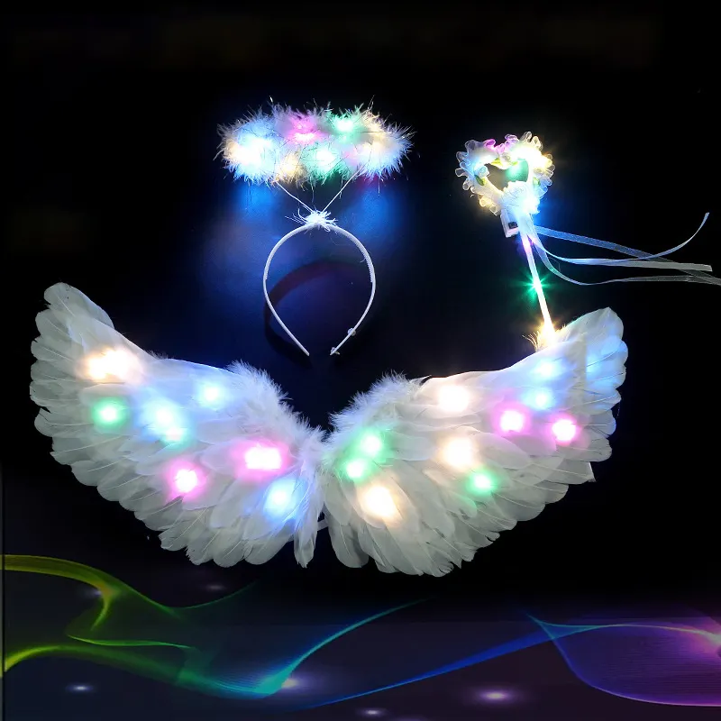 Disfraz de Carnaval para niños, conjunto de alas de plumas luminosas, alas de ángeles con plumas brillantes