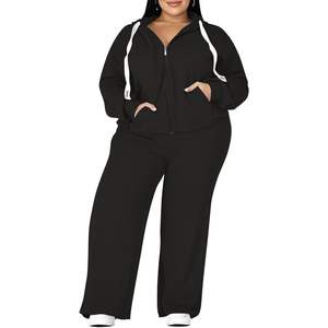 Conjunto deportivo de 2 piezas para mujer, talla grande, con sudadera con cremallera y pantalones anchos, ropa informal para estar en casa, mezcla de poliéster y spandex de peso medio. - Product Image 5