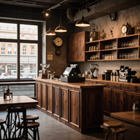 Comptoir de bar à café vintage en bois sur mesure avec éclairage LED, design robuste et écologique pour la vente au détail commerciale - Dos massif