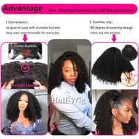 Demi-perruque afro bouclée crépue en cheveux naturels, densité 200, sans couture, à porter sur le dessus de la tête, sans colle, prête à porter, idéale pour les débutantes