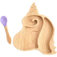 Бамбуковая Тарелка на присоске, набор для отлучения ребенка, тарелка с единорогом и ложка, Обеденный набор, экологически чистые тарелки на присоске для отлучения ребенка