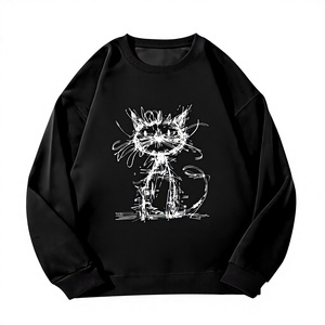 Sweat-shirt à col rond surdimensionné noir pour homme avec imprimé de chat dessiné à la main en blanc, pull décontracté coupe classique, style automne - Product Image 1