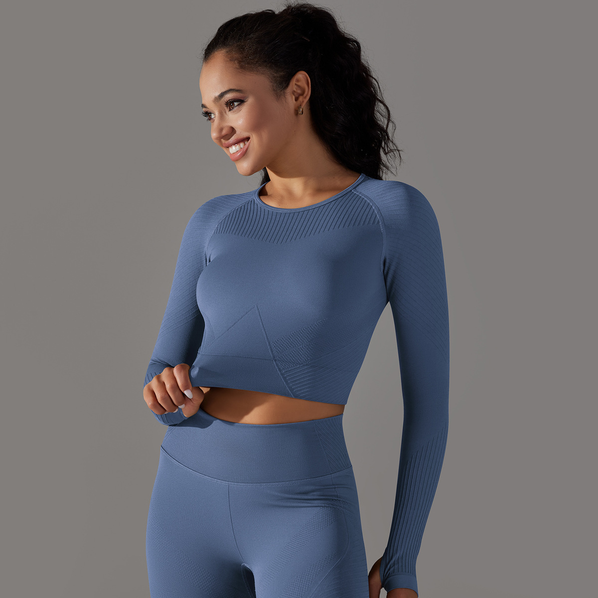 European & American Seamless Solid Color Jacquard Long Sleeve - High Elastic Tight Yoga Activewear