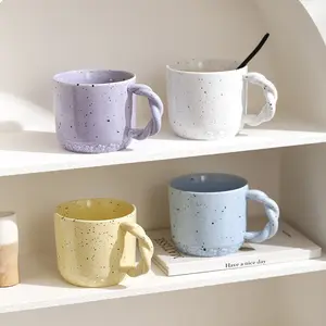 Unique Embossed Flower Splash-ink Braid Handle Custom Milk Cereal Coffee Cup Cute Ceramic Novelty Mugs For Girls