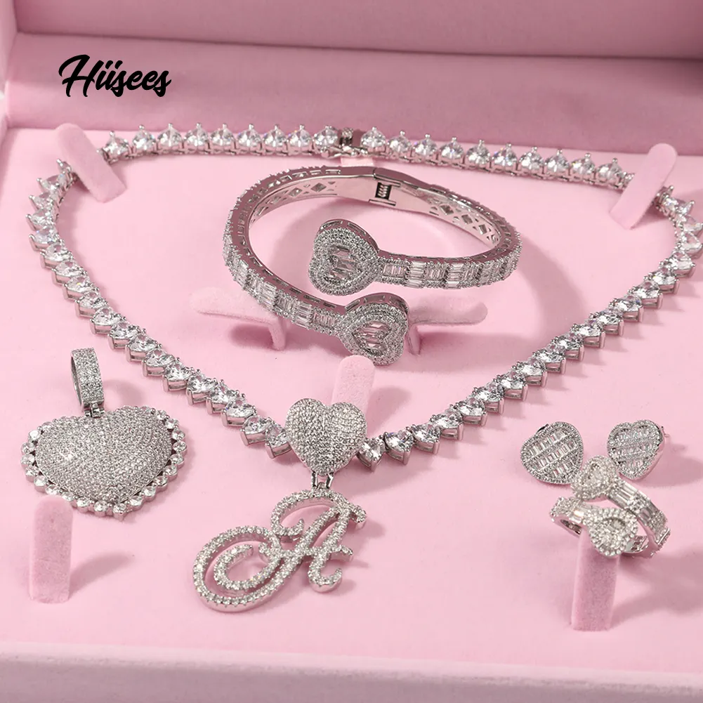 Fashion Body Chain Heart Bangle Rings Iced Out Cz Earing Necklace Bracelet Jewelry Set For Women