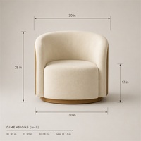 Fauteuil d'appoint en tissu crème avec panneau latéral en bois cannelé et base ronde, rembourré, pour salon, chambre ou hôtel