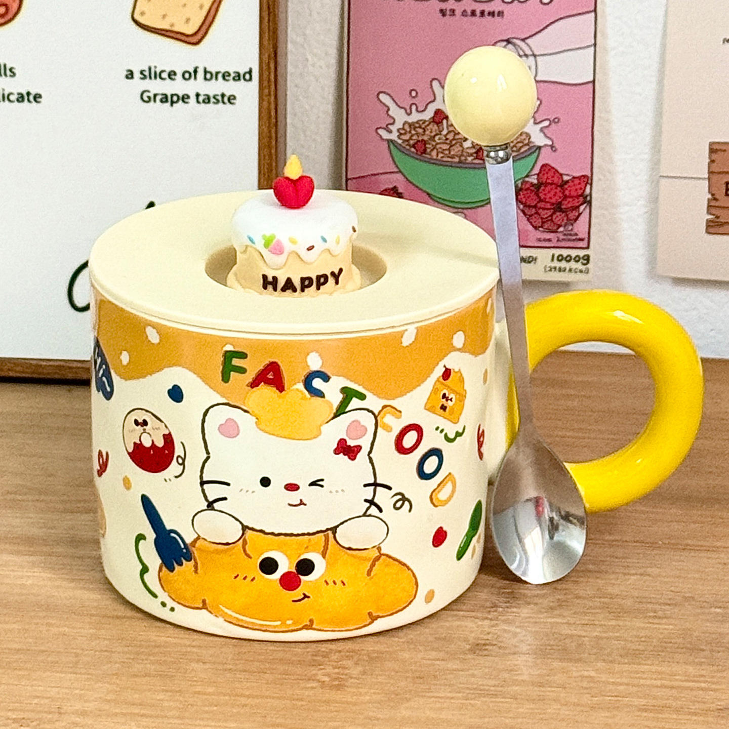 [Cup Lid Round Spoon] Circle Cup - Cat
