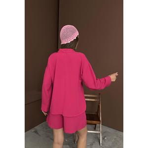 Conjunto de Lino Fucsia Alaat al por Mayor, Top Largo Informal con Decoración de Botones, Patrón Tejido, Talla XL, Fitness, Primavera, Poliéster, Lona - Product Image 1