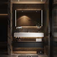 Meuble de salle de bain de style italien de luxe léger avec lavabo intégré, lavabo courbé à chaud, en ardoise, finition noire