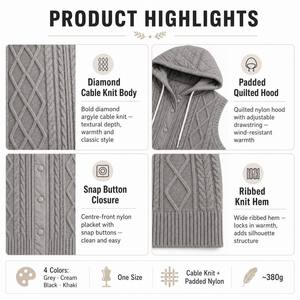 <strong>Women's</strong> Cable Knit Hooded Vest <strong>Padded</strong> Quilted <strong>Hood</strong> Snap Button Diamond Argyle Knit <strong>Gilet</strong> 4 Colors One Size Autumn Winter - Product Image 3