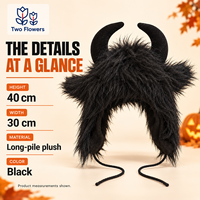 Chapeau de démon en forme de cornes de taureau pour Halloween, en peluche noire et fourrure, avec attaches pour le menton, pour accessoires de costume de cosplay et de fête