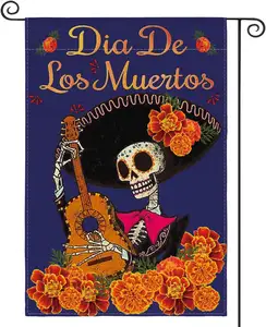 Drapeau de jardin du jour des morts Dia De Los Muertos Marigold Halloween Party Yard Drapeau décoratif extérieur