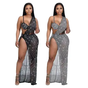 Club Sexy Mesh Vintage Transparent Curvy Mesh Rhinestone Hollow Out Black Evening Dress