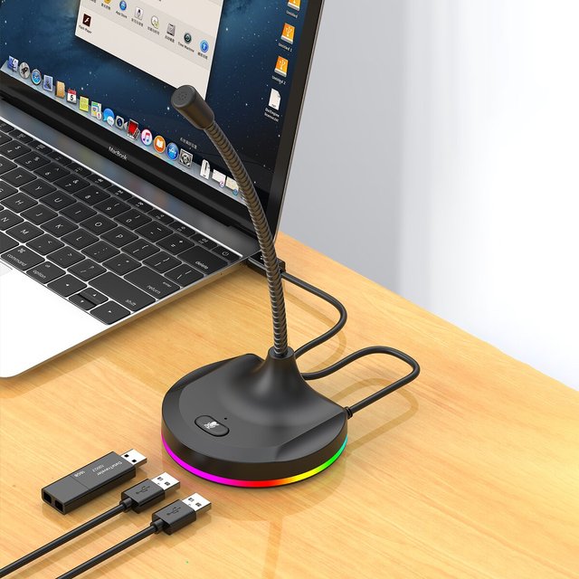 USB RGB Microphone HUB for PC Gaming Dark Mode LED Light Omni-directional Polar Pattern Wired Connection