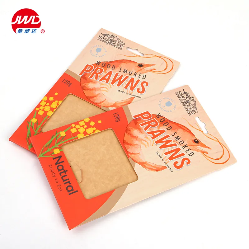 Logotipo personalizado impresso kraft papel camarão crackers comida embalagem papel caixas com janela