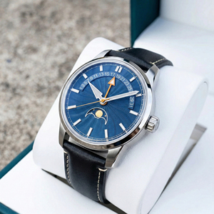OEM Customized Logo Mechanical Lunar Phase Timepieces Automatic Retrograde Date Formal Dress <b>Watches</b> <b>Blue</b> Radial Guilloche Dial - Product Image 1