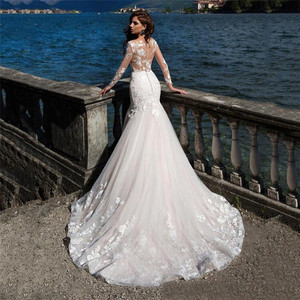 Vestido de novia nigeriano blanco elegante de manga larga con flores de encaje de lujo chino para mujer, capilla bordada de pescado adelgazante - Product Image 2