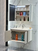 Meuble de salle de bain mural moderne en acier inoxydable résistant à l'eau avec lavabo en céramique et miroir intelligent pour hôtel/appartement