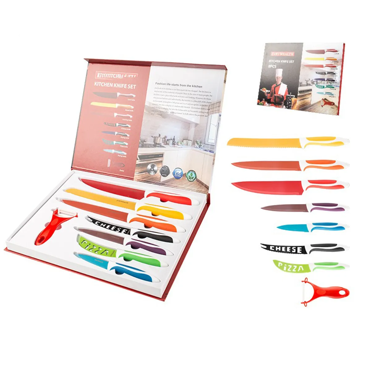 Mutfak kullanımı için hediye kutusu ile 8-Piece renkli bıçak seti
