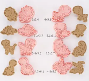 8 unids/set dinosaurio forma cortadores de galletas de plástico 3D de dibujos animados Presable molde galletas sello de cocina para hornear pasteles para hornear también