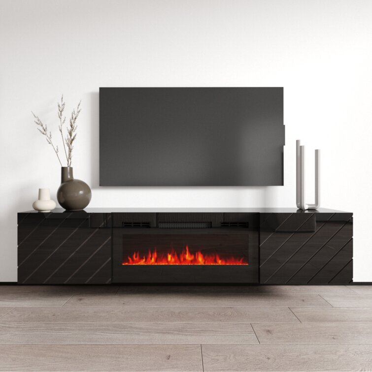 2022black wall wood TV cabinet with Fireplace tv Stand Living Room Storage Cabinet Doors and Shelves in artificial fireplace