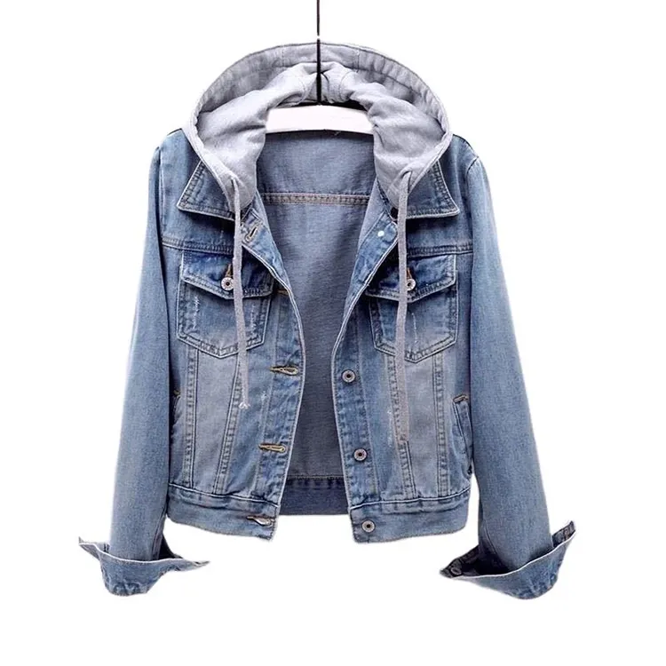 Vente en gros OEM de haute qualité pour dames Veste en jean pour femmes Jeans décontractés avec capuche Chemises en jean bleues pour femmes