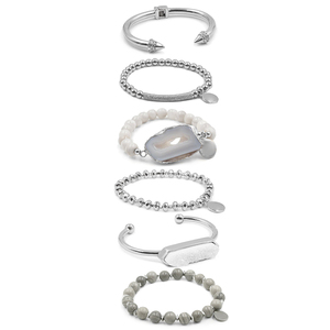 Stainless Steel Zircon Rivet,Natural Druzy Cuff <strong>Bracelet</strong>,Riverstone With Geode Agate Slice Charm <strong>Stacked</strong> <strong>Bracelet</strong> Set for Women - Product Image 5