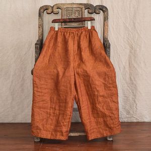 Wide Leg Pants Cotton Linen Cropped Mid Waist Orange Breathable Casual Women's Pants - Product Image 1